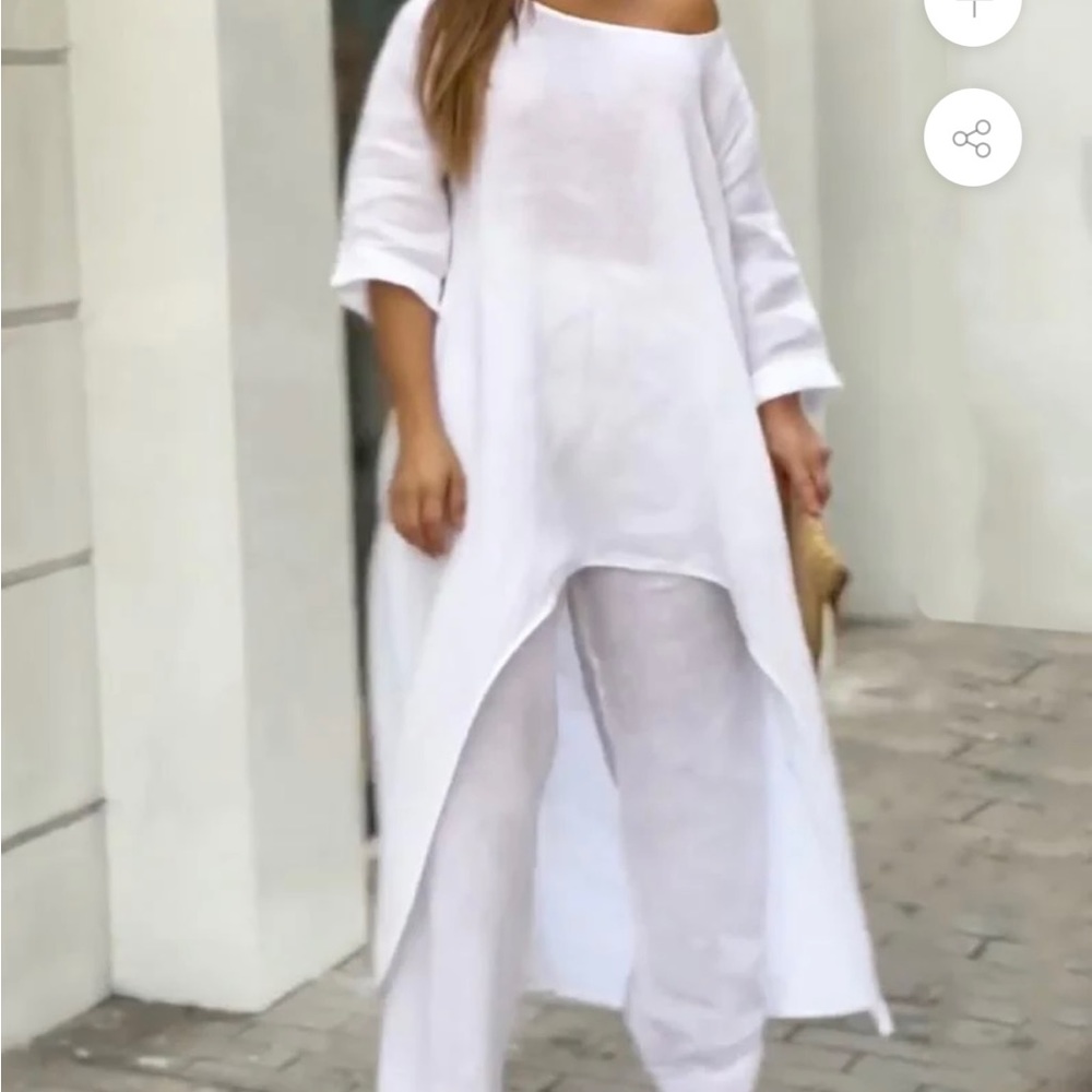 Faeriesty Womens 2X white Linen Blend Tunic Top Pant SET Lagenlook Neutral